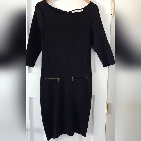 REISS Bodycon Boat Neck Knee Length Gold Detail Dress Dark Blue Sz M - Picture 3 of 15